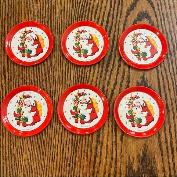 Vintage Santa Christmas Serving Tray & 6 Matching Coasters Made in HK 1980s - Picture 7 of 11